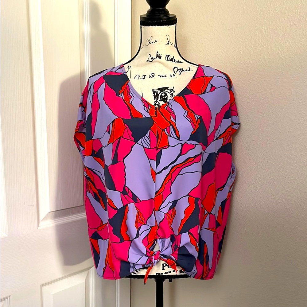 Manuhealii Colorblock Abstract Print Blouse in Lavender, Fuchsia & Red